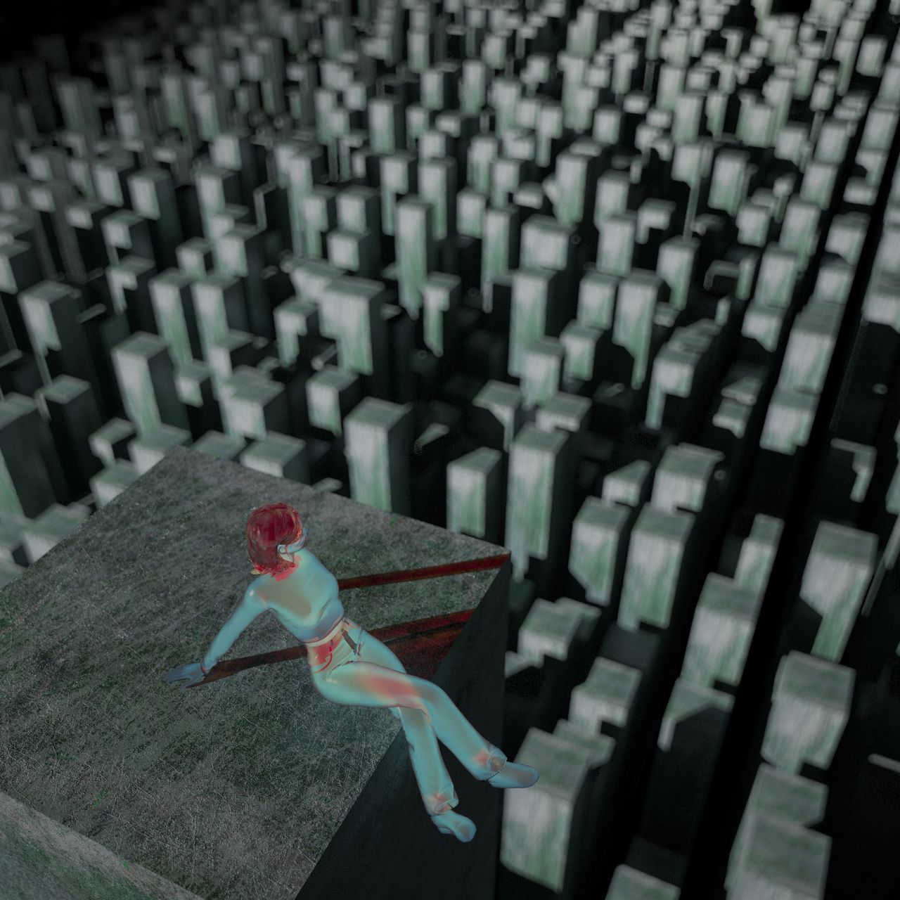 The image shows a render of a girl made out of glass sitting on top of the square mossy stone pillar. Below The entire space below is filled with the same pillars.