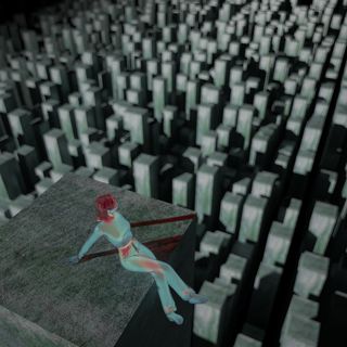 The image shows a render of a girl made out of glass sitting on top of the square mossy stone pillar. Below The entire space below is filled with the same pillars.