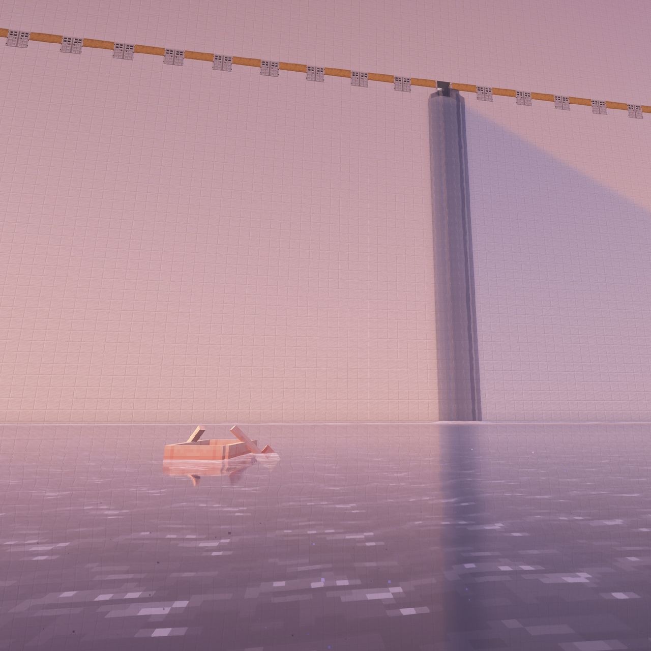 Liminal Screenshot from Minecraft. A small cherry boat is floating on a calm water, bathed in soft pink light. In the background, a tall, imposing white wall stretches from the water to the sky, its smooth surface broken by a series of closed iron doors. From one of the doors, a gentle waterfall cascades down into the water below.