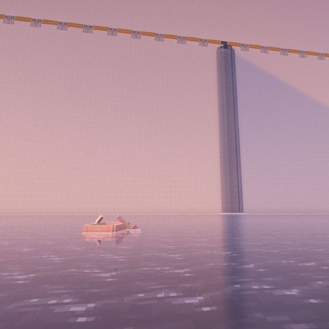 Liminal Screenshot from Minecraft. A small cherry boat is floating on a calm water, bathed in soft pink light. In the background, a tall, imposing white wall stretches from the water to the sky, its smooth surface broken by a series of closed iron doors. From one of the doors, a gentle waterfall cascades down into the water below.