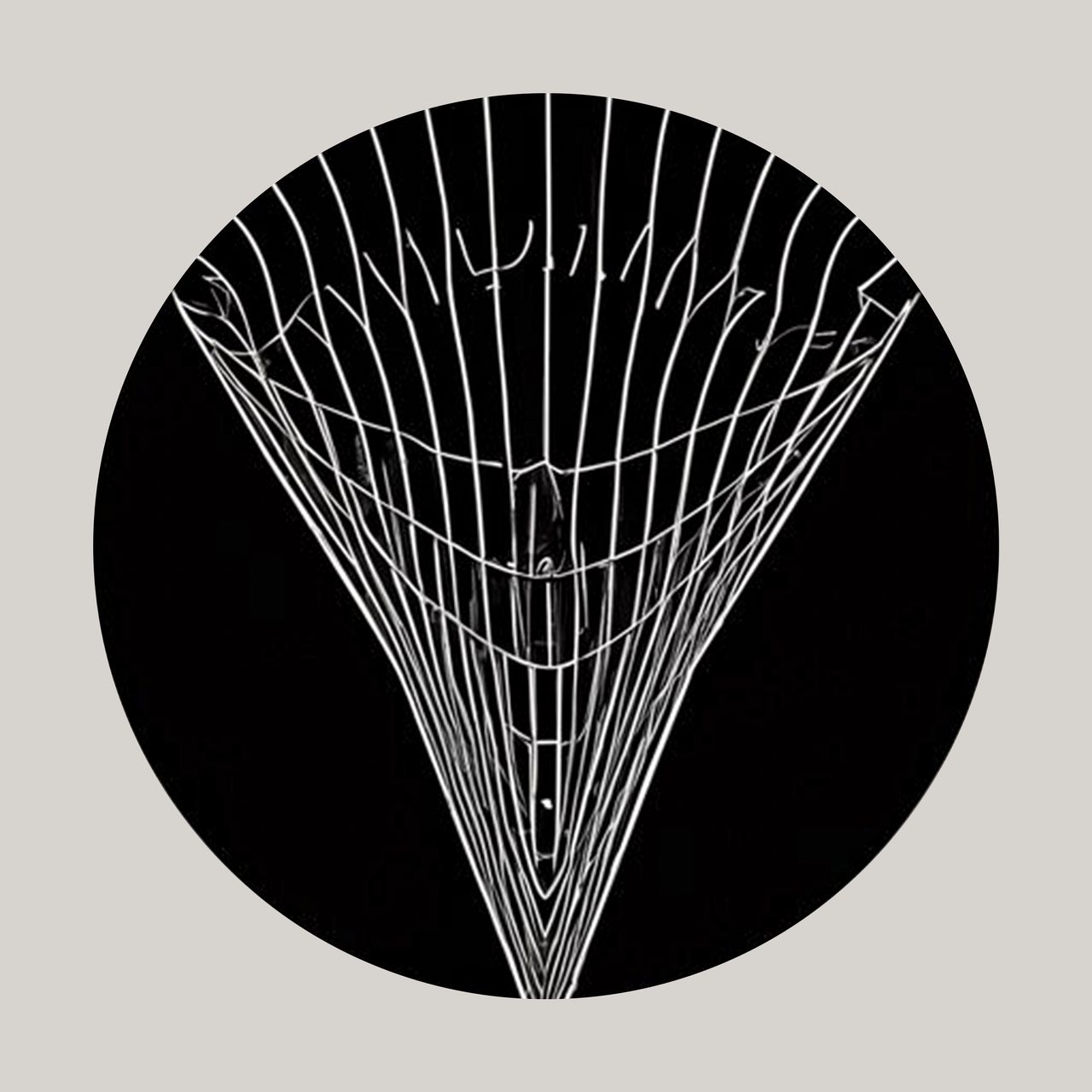 The image displays a black circle with a geometric, wireframe-like design at its center. The design resembles a 3D wireframe model of a funnel, with white lines converging toward a point at the bottom and expanding outward toward the top edge of the circle. The background is solid black. The entire image is set against a beige background.