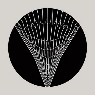 The image displays a black circle with a geometric, wireframe-like design at its center. The design resembles a 3D wireframe model of a funnel, with white lines converging toward a point at the bottom and expanding outward toward the top edge of the circle. The background is solid black. The entire image is set against a beige background.