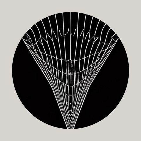 The image displays a black circle with a geometric, wireframe-like design at its center. The design resembles a 3D wireframe model of a funnel, with white lines converging toward a point at the bottom and expanding outward toward the top edge of the circle. The background is solid black. The entire image is set against a beige background.